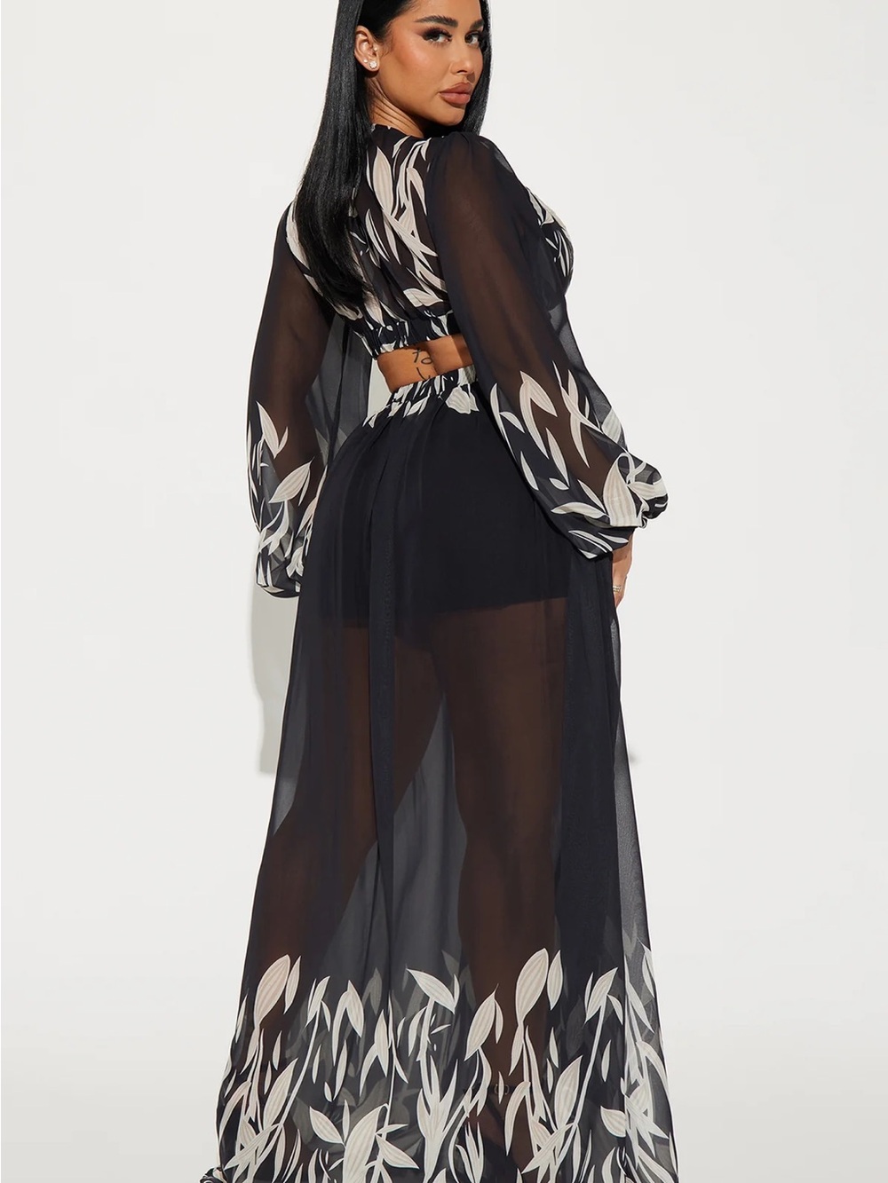 Fashion Nova Black Sheer Maxi Dress with Cream Leaf Print - Picture 9 of 12